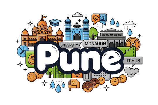 Colorful pune skyline with iconic landmarks and cultural symbols