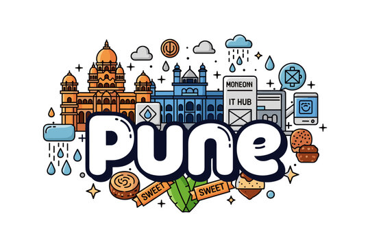 Colorful pune skyline with iconic landmarks and cultural elements in modern design