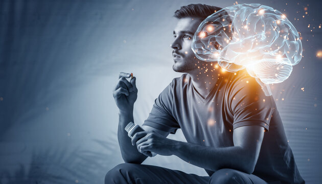 Smart caucasian man holding supplement bottle looking thoughtful while glowing digital brain illustrates cognitive enhancement and memory improvement concept for student mental health care