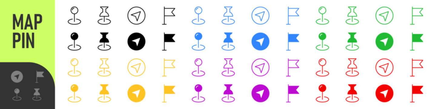 Map pin location icon set. Map markers isolated on white background. Black pointer GPS location symbol. Vector illustration. Color icon set