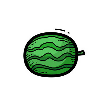 A hand-drawn cartoon illustration of a whole green watermelon with dark stripes and a small stem, depicted in a simple doodle style.