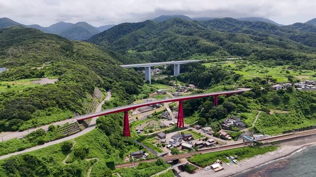 Aerial View of Yoneyama Bridge Over the Sea of Japan, Kashiwazaki, Niigata