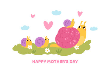 Fototapeta premium Cute snail mother. Mom day card with funny kids and parent, happy slugs with shells, cartoon shellfish characters, happy Mother celebration poster design, garish vector isolated concept