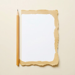 Fototapeta premium Blank White Torn Paper Sheet on Rustic Brown Background with Pencil, Ideal for Mockup Design and Creative Messages