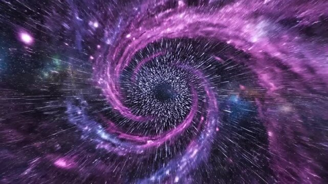 Cinematic purple light speed burst motion trail in deep space cosmic warp tunnel, fast hyperdrive movement and luminous energy glowing through dark galaxy vacuum, seamless abstract background.