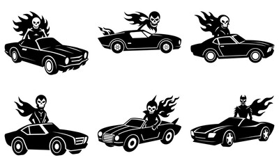 Obraz premium Various cars driven by winged figures depicted in multiple dynamic poses from a side viewpoint, showcasing futuristic elements