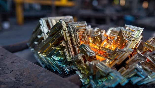 Dynamic shot of glowing molten metal cooling and crystallizing into stunning geometric bismuth shapes displaying vivid iridescent colors with intense heat and magical transformation energy