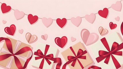 Valentine&rsquo;s Day Composition with Heart Bunting Gift Boxes and Pink Background