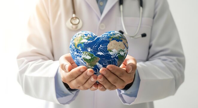 World health day background with doctor holding globe heart