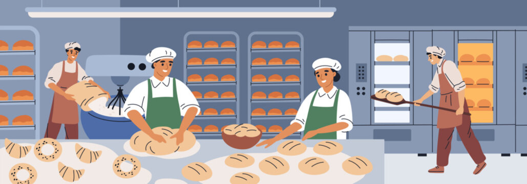 Bakery factory people. Cartoon professional bakers form dough, bake bread in oven, food industry, flour products on kitchen, chef team in commercial bakehouse working, garish vector concept