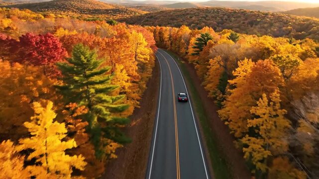 Cinematic aerial perspective of a sleek vehicle driving along a winding asphalt highway traversing through a vibrant autumnal woodland with orange foliage and gold trees in 4K resolution.
