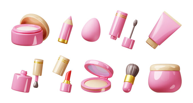 3d beauty makeup icons. Cartoon rendering style glossy decorative cosmetics, beauty products, foundation cream, powder, lipstick and mascara, clean pink packaging assortment classy vector set