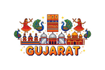 Colorful gujarat celebration with traditional dance, architecture, and peacocks