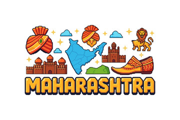 Colorful maharashtra icon set featuring culture and landmarks