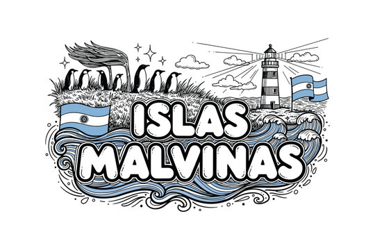 Black and white islas malvinas design with penguins, lighthouse, and flags