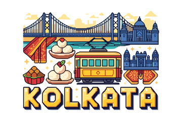 Colorful kolkata icons featuring landmarks, food, and tram in pop art style