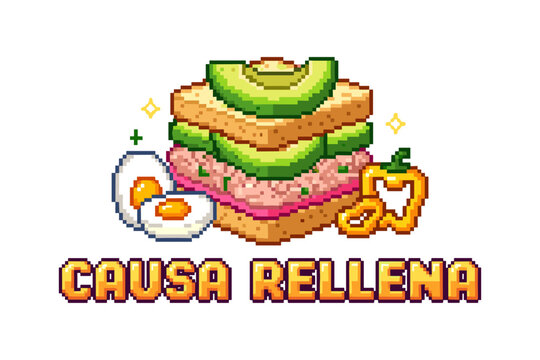 Pixel art of causa rellena with avocado, egg, and pepper