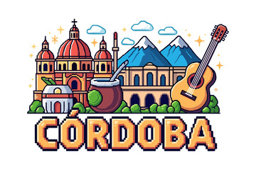 C&oacute;rdoba cityscape with mountains, cathedral, mate, and guitar in pixel art style