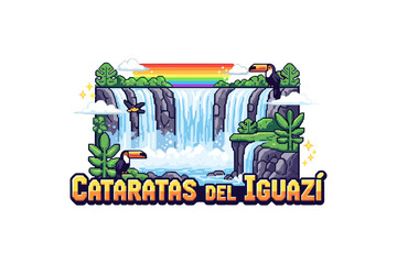 Colorful isometric iguazu falls with toucans and rainbow
