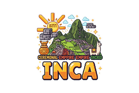 Cartoon inca civilization with machu picchu, sun god inti, and llama