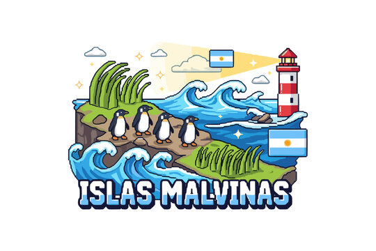 Penguins and lighthouse on islas malvinas with ocean waves and flags