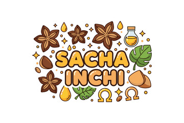 Colorful sacha inchi design with leaves, seeds, and oils