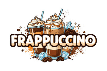 Delicious frappuccino drink with whipped cream and chocolate in retro comic style