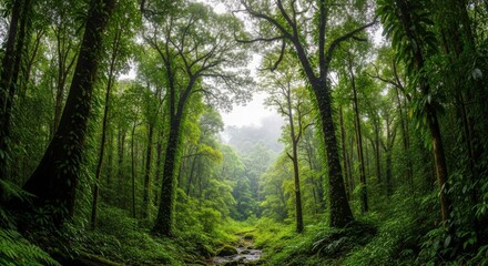 Fototapeta premium Lush Green Forest Path with Misty Canopy
