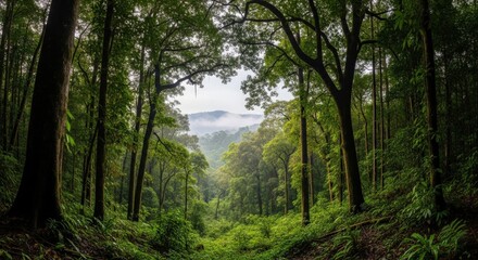Obraz premium Lush Green Forest Canopy With Misty Mountains