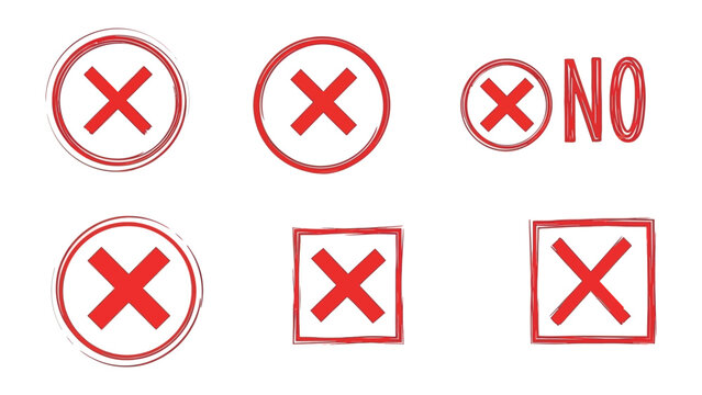 Red Cross Marks: A collection of various red cross marks, conveying the universal symbol of negation, rejection, or error, suitable for design and communication purposes.