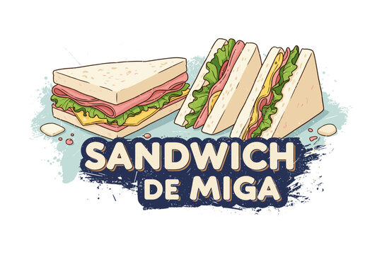 Colorful sketch of sandwich de miga with fresh ingredients and bold text