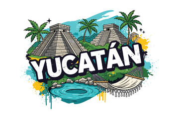 Colorful yucat&aacute;n travel design with mayan pyramids and hammock