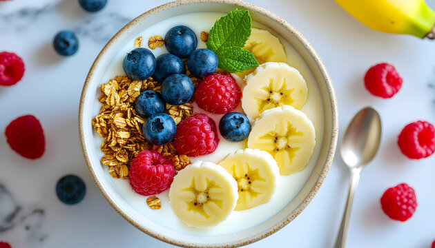 fresh fruit bowl with berries banana granola healthy breakfast