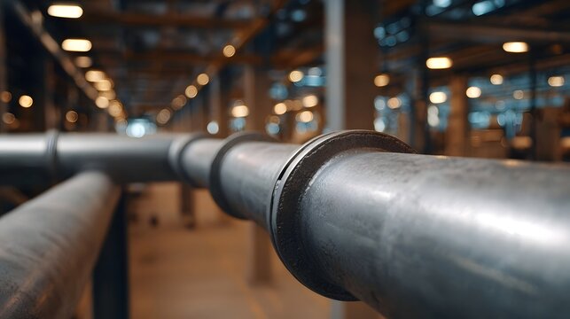 Industrial metal pipes running parallel within a large factory facility