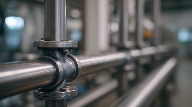 Polished stainless steel industrial piping system with T junctions and flanges focusing on intricate connections in a clean facility