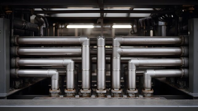 A complex network of parallel metallic pipes and industrial fittings showcasing intricate mechanical engineering
