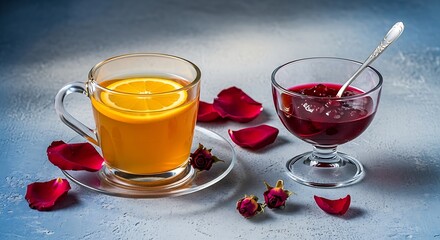 Herbal Tea with Lemon and Rose Jam &ndash; Aesthetic Food Photography on Rustic Background