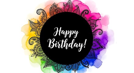 Happy Birthday Greeting Card with Colorful Watercolor Mandala and Black Circle