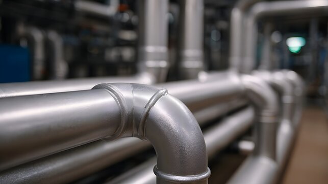 Intricate network of shiny metallic industrial pipes showing detailed connections and bends in a manufacturing plant