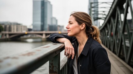 Fototapeta premium Young woman enjoying the view while leaning on bridge railing 