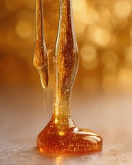 Close-up of honey pouring and forming glossy stream