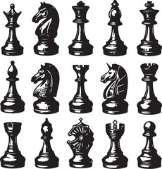 A set of black chess pieces including the king, queen, and pawn stands ready on the chessboard for a strategic game of leadership and competition