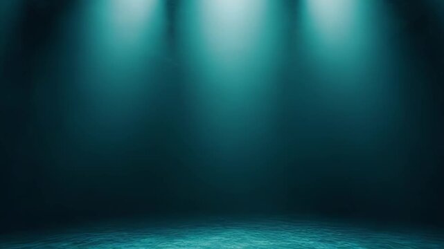 Empty dark room with textured concrete floor bathed in dramatic teal spotlights from above, creating a mysterious, minimal, futuristic atmosphere perfect for product display