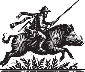 A wild pig crossing the road is depicted as a black mammal silhouette in this nature illustration, featuring a stylized animal head design that blends vector art with a traditional sketch style