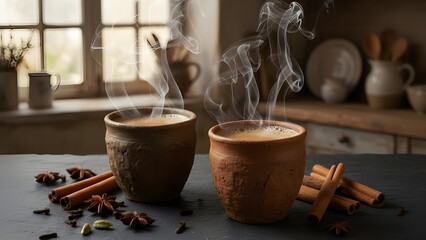 Hot Masala Chai Tea in Traditional Clay Cups with Steam and Spices Cinnamon Star Anise on Dark Table