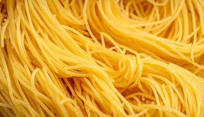 Close-up of uncooked spaghetti pasta strands, a staple food.