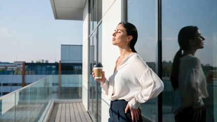 Naklejka premium Young caucasian female enjoying coffee break on balcony in urban office environment.