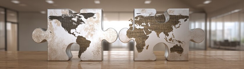 Two puzzle pieces with world maps connect, global collaboration in a modern office setting, global trade, AI geopolitics