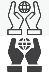 Two hands holding earth globe in different style icon set. Line, outline and solid icon with editable stroke vector sign and symbol. Globe hands icon for protection, ecology and world icon.
