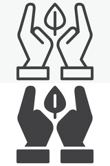 Hands holding single leaf in different style icon set. Line, outline and solid icon with editable stroke vector sign and symbol. Hands leaf icon for care, ecology and sustainability icon.